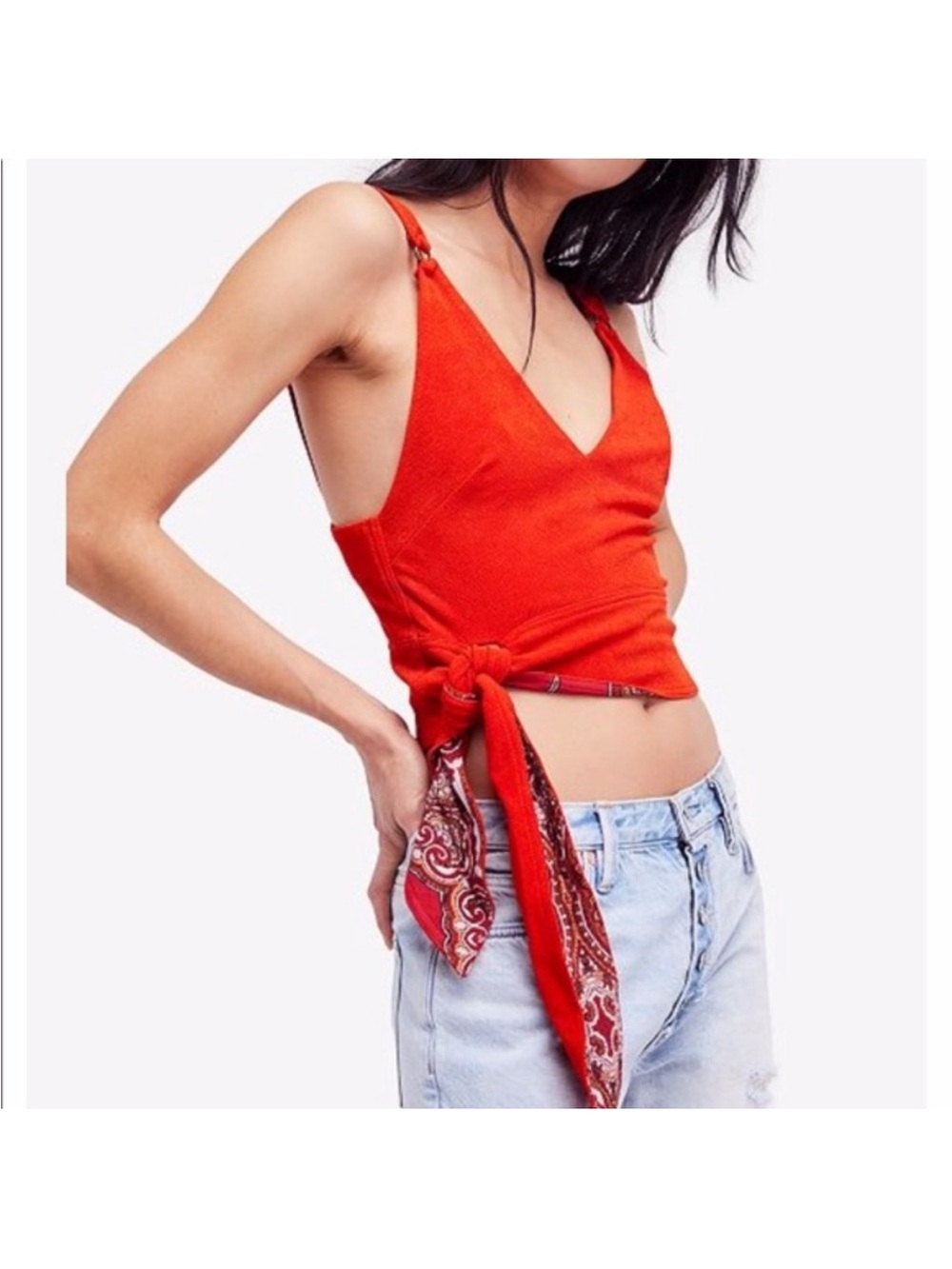 Free People Red Tie-Side V-Neck Crop